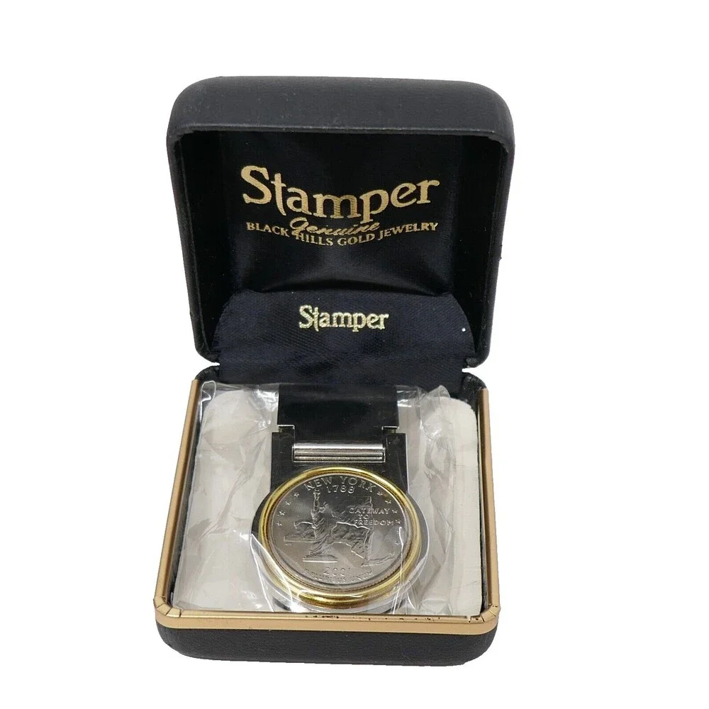 2001 New York Quarter Stainless Steel Gold Color Bezel Hinged Money Clip